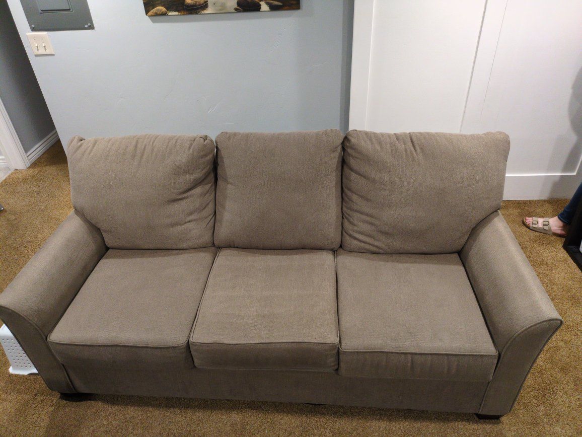 Used Beige Fabric Three-Seat Sofa Couch - Good Condition Living Room Furniture