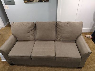 Used Beige Fabric Three-Seat Sofa Couch - Good Condition Living Room Furniture