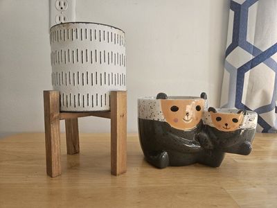 Planter Set: White Dash Pattern on Wooden Stand & Adorable Bear Family Planter