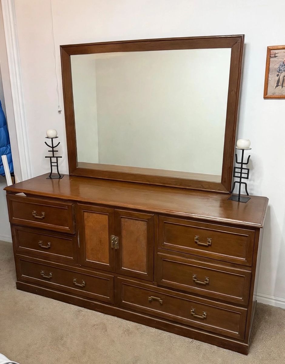 Vintage mid century solid Teak wood Modern Dresser with Mirror - Dark Wood Finish