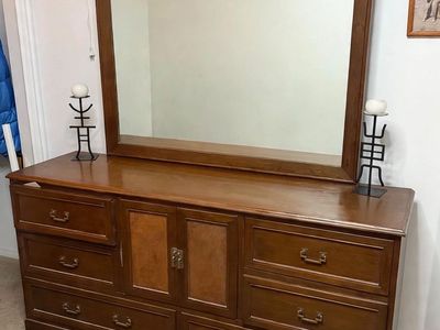 Vintage mid century solid Teak wood Modern Dresser with Mirror - Dark Wood Finish