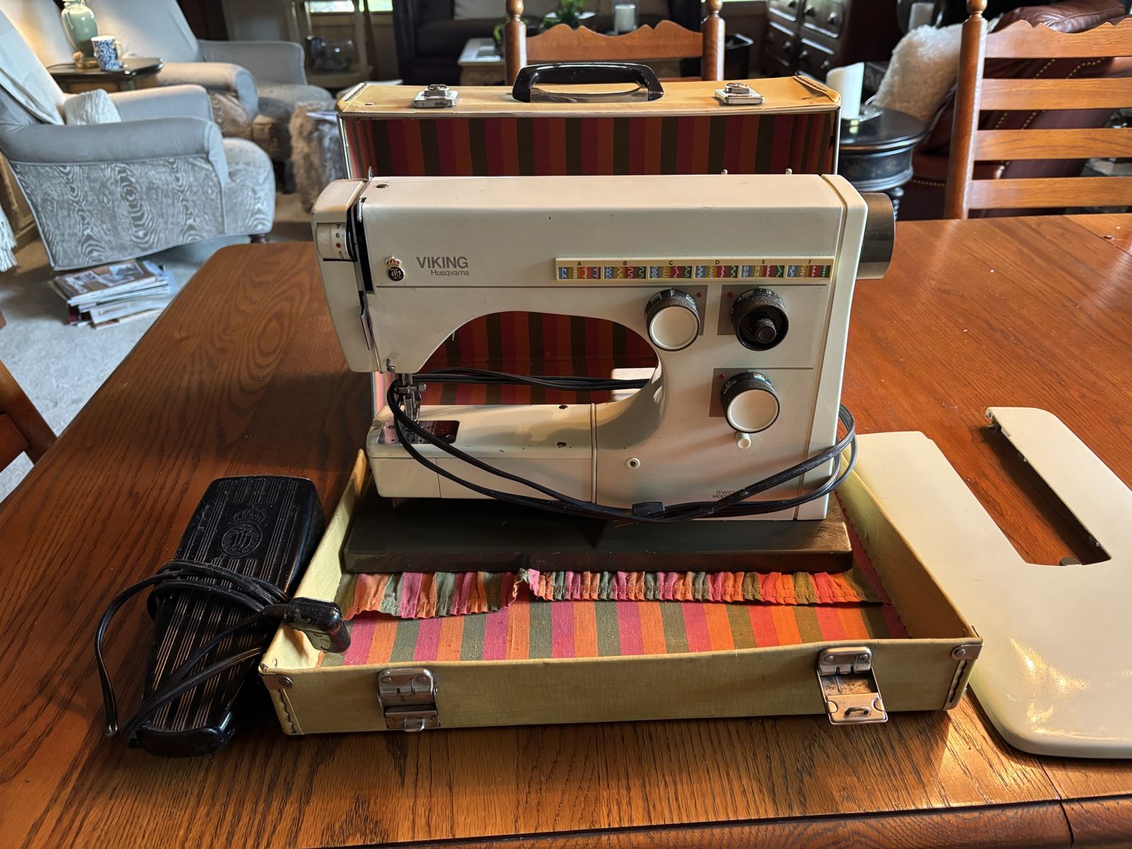 Vintage Viking Husqvarna Sewing Machine with Foot Pedal and Carrying Case