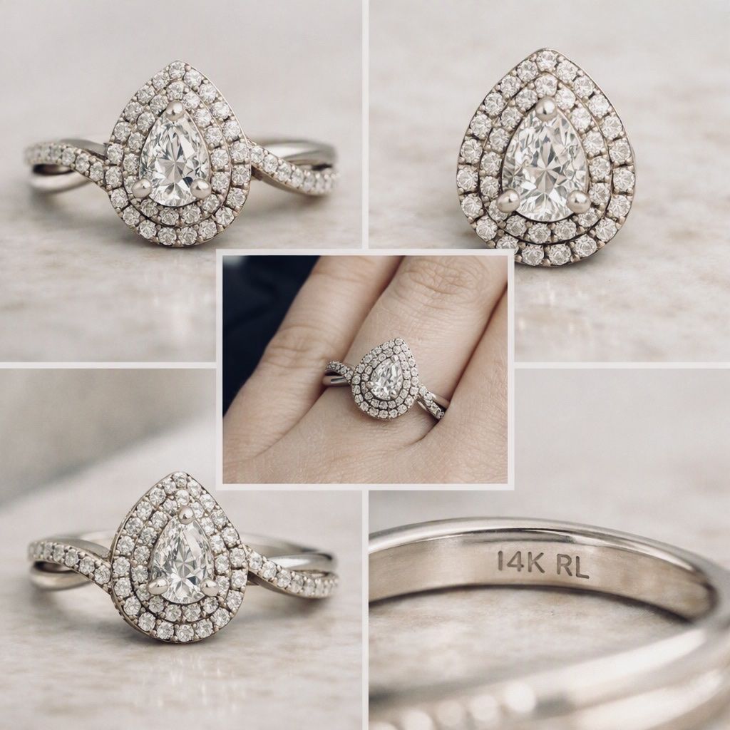 14K White Gold Pear Cut Double Halo Diamond Engagement Ring Size: 7.5