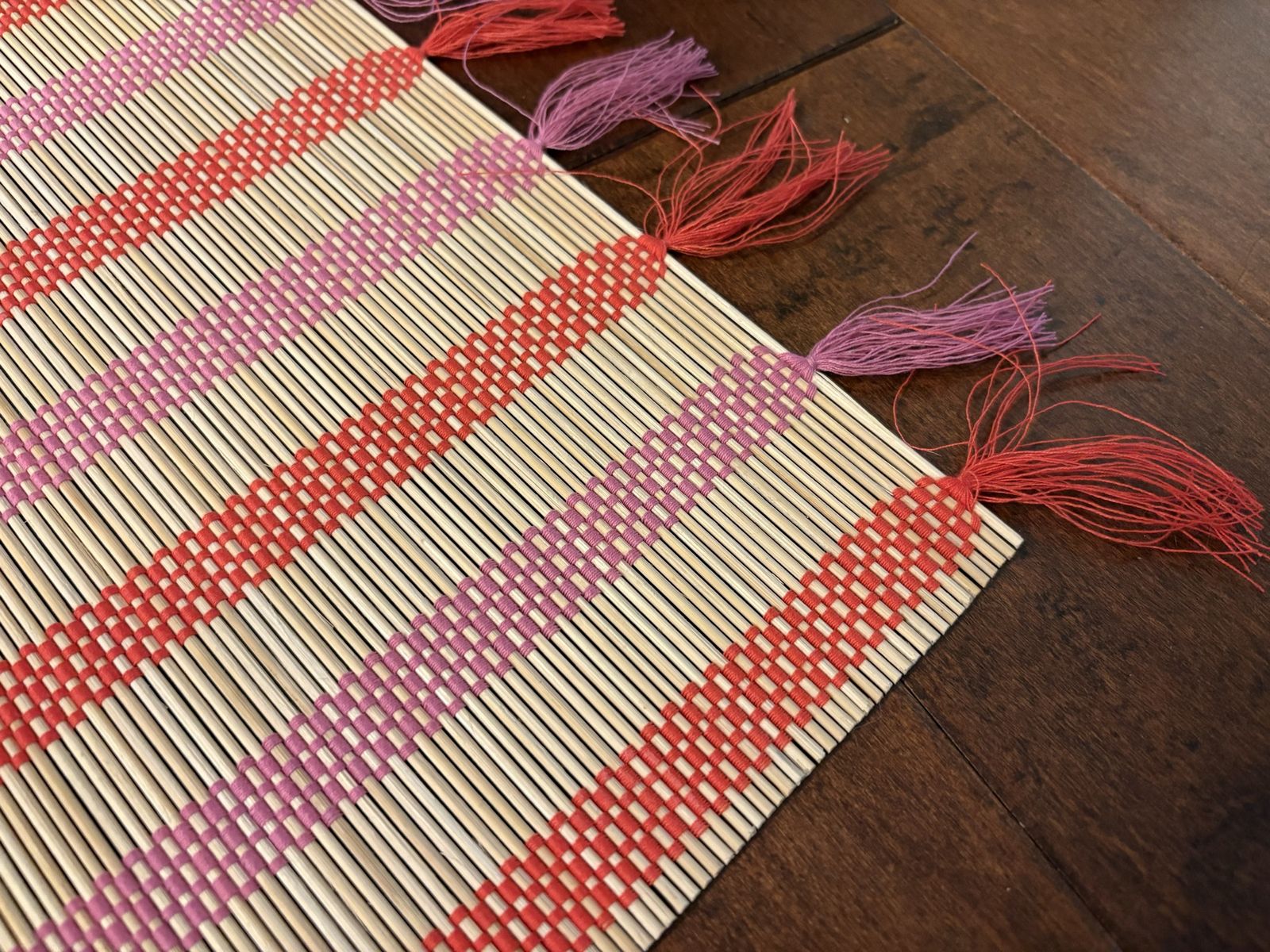 Woven Reed or Bamboo Table Runner w/ Pink