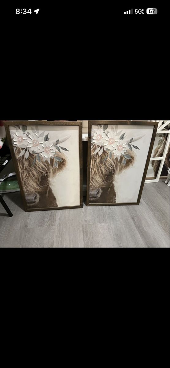 Farmhouse Highland Cow Canvas Wall Art - Set of 2, 3D Floral Embellishments, Brown & White From Hobby Lobby