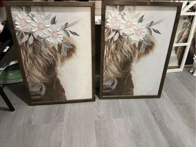 Farmhouse Highland Cow Canvas Wall Art - Set of 2, 3D Floral Embellishments, Brown & White From Hobby Lobby