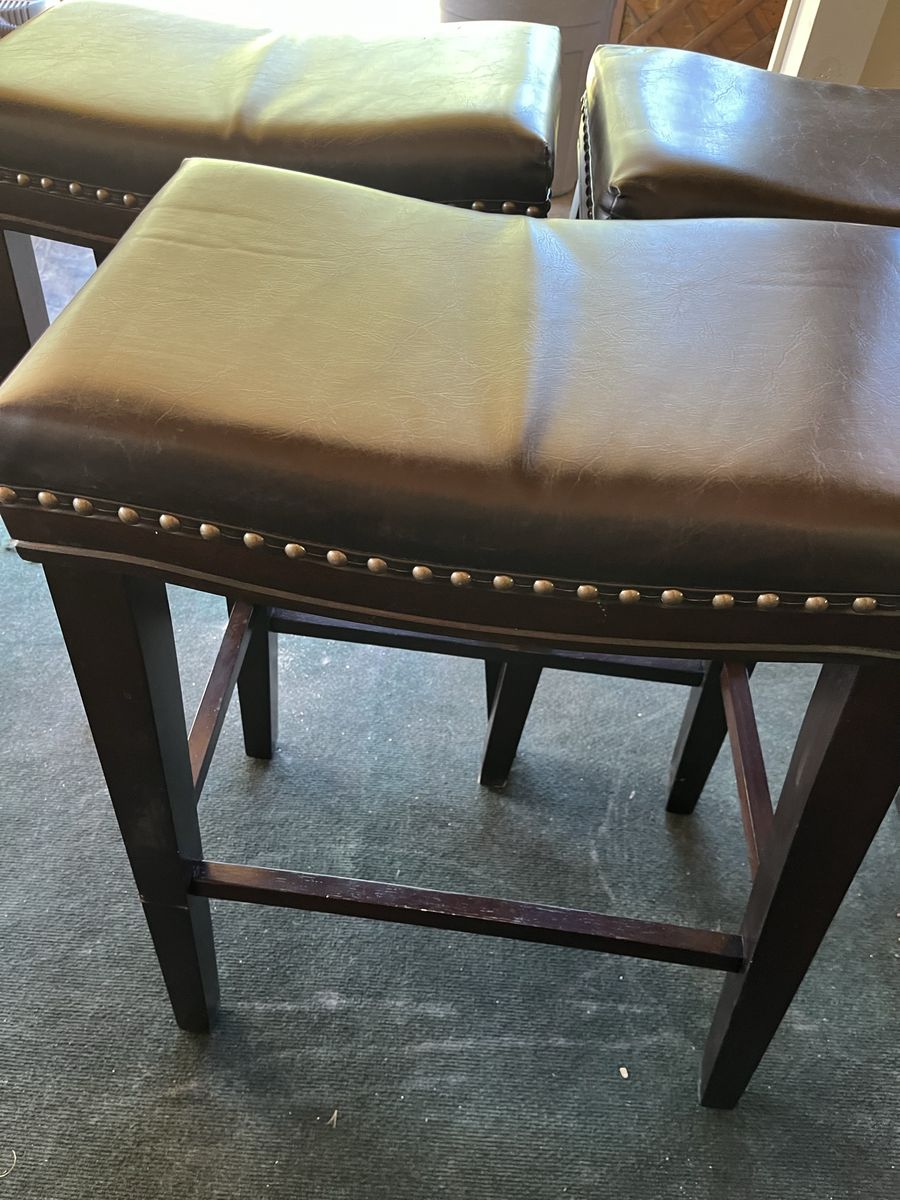 Set of 3 Dark Brown Faux Leather Bar Stools with Nailhead Trim & Wood Legs