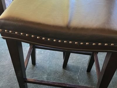 Set of 3 Dark Brown Faux Leather Bar Stools with Nailhead Trim & Wood Legs