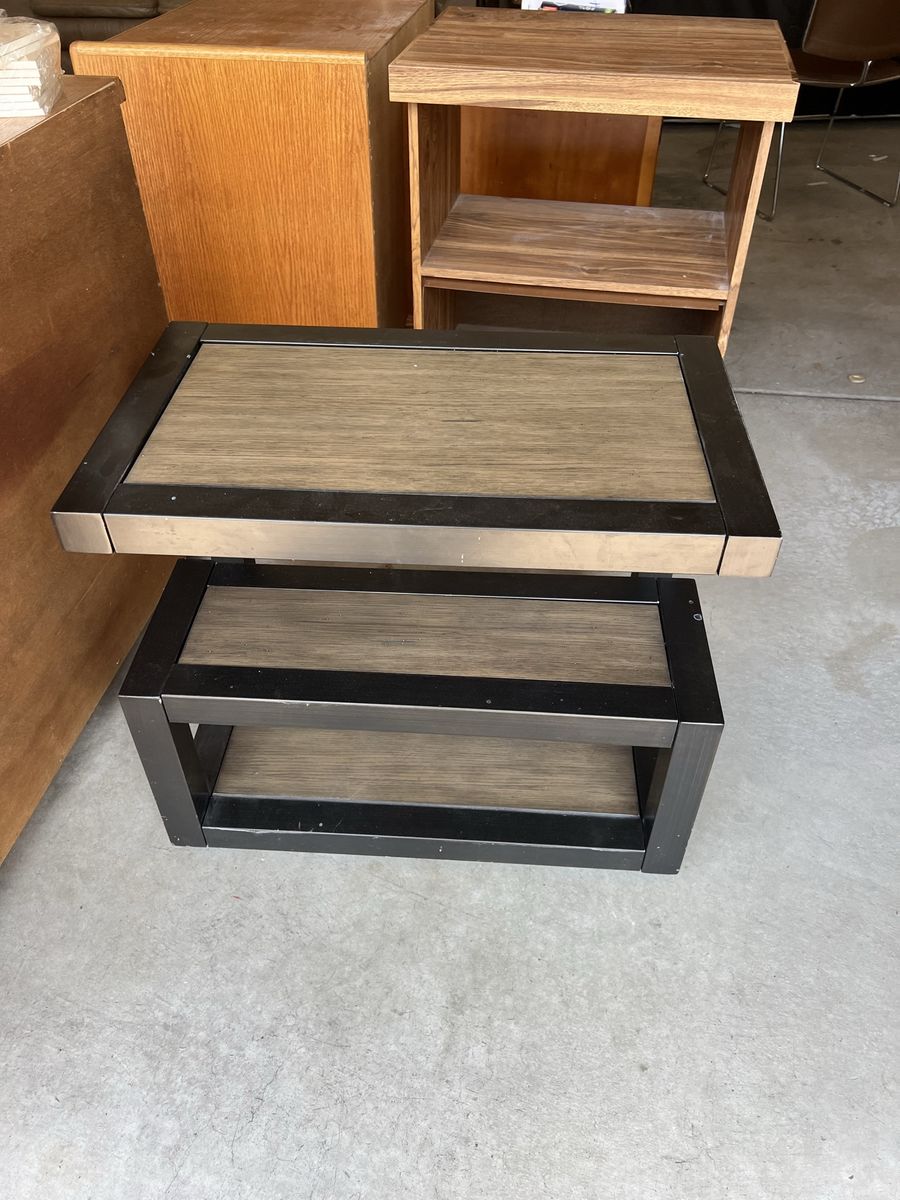 Modern Industrial S-Shape Side Table Black Metal & Wood Grain Accent End Table with Storage