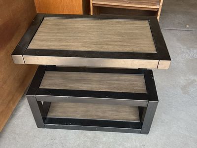 Modern Industrial S-Shape Side Table Black Metal & Wood Grain Accent End Table with Storage