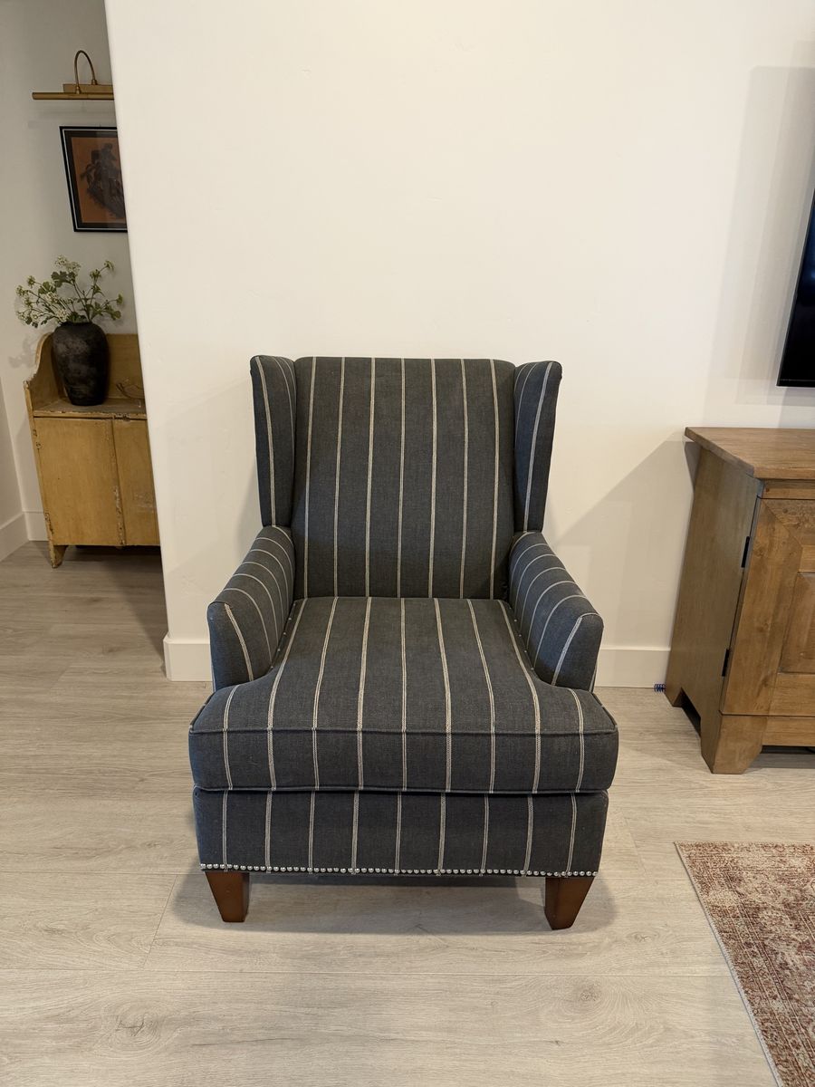 Striped Upholstered Wingback Armchair with Nailhead Trim