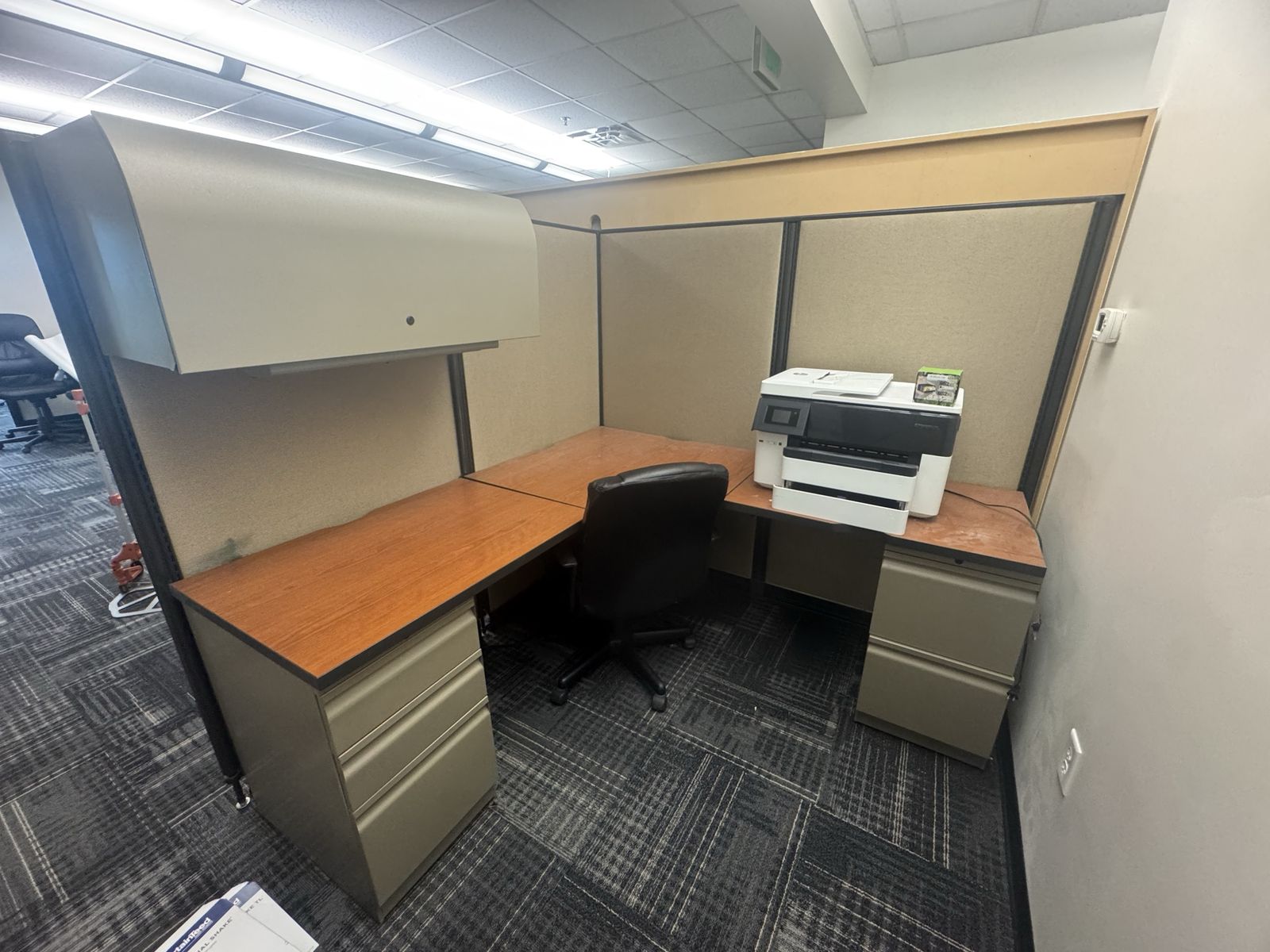 2 Desk Cubicles for Sale with filing cabinets and overhead storage