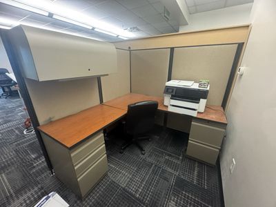 2 Desk Cubicles for Sale with filing cabinets and overhead storage