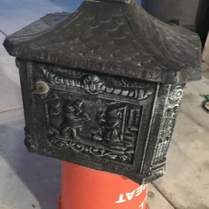 Vintage-Style Cast Iron Mailbox - Black, Ornate Design,  Post mountable with lock.