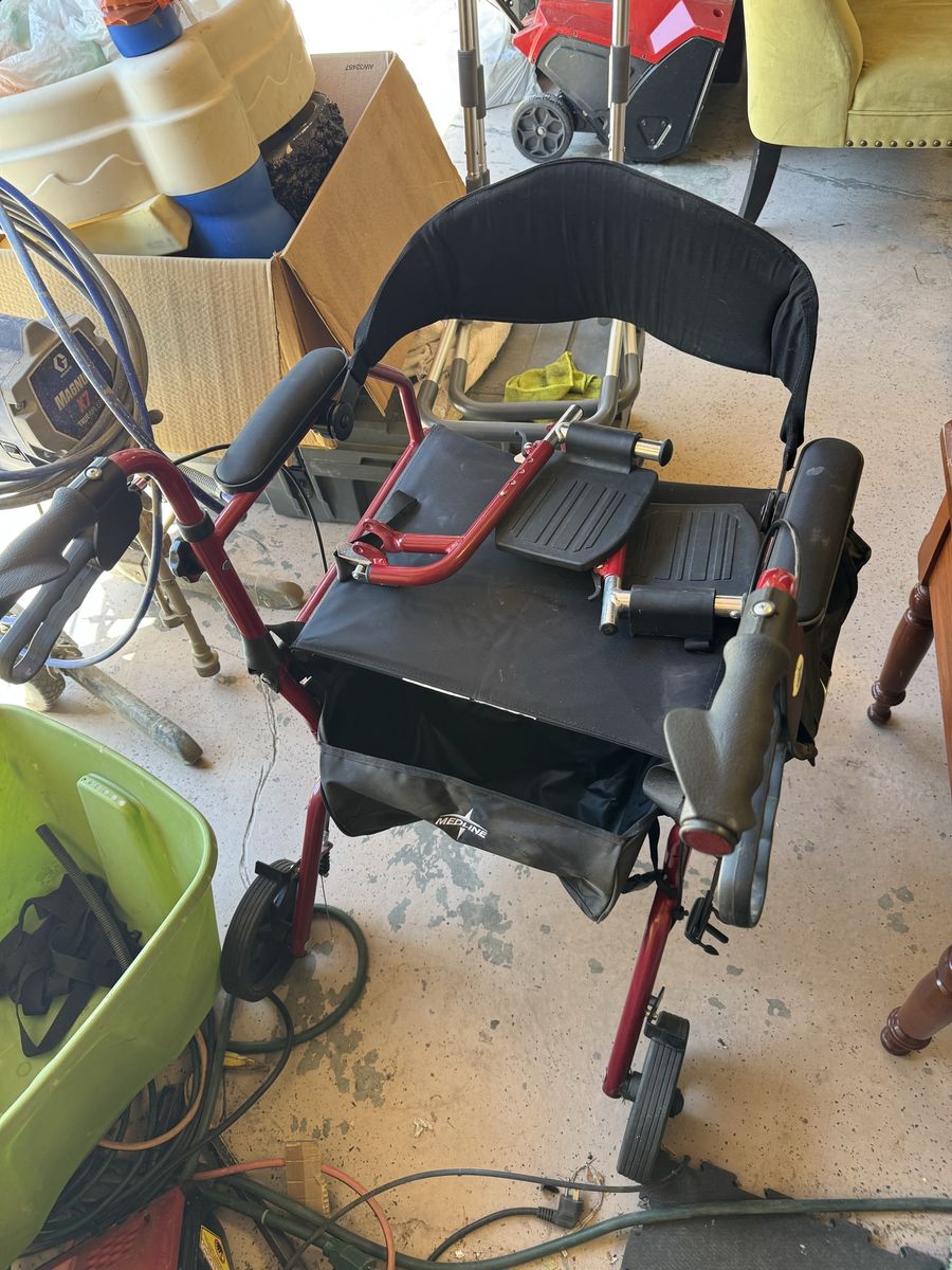 Medline Combination Transport Chair and Rollator Walker - Burgundy Red