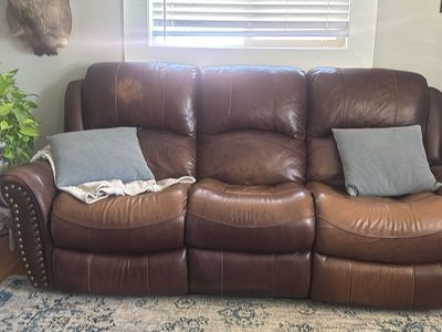 Brown Leather Reclining Sofa with Nailhead Trim