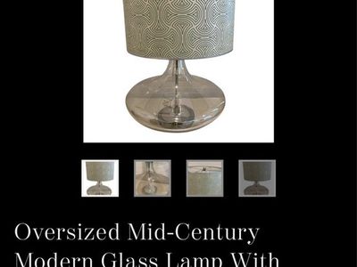 Pair of Oversized Mid-Century Modern Glass Lamps with Patterned Drum Shades