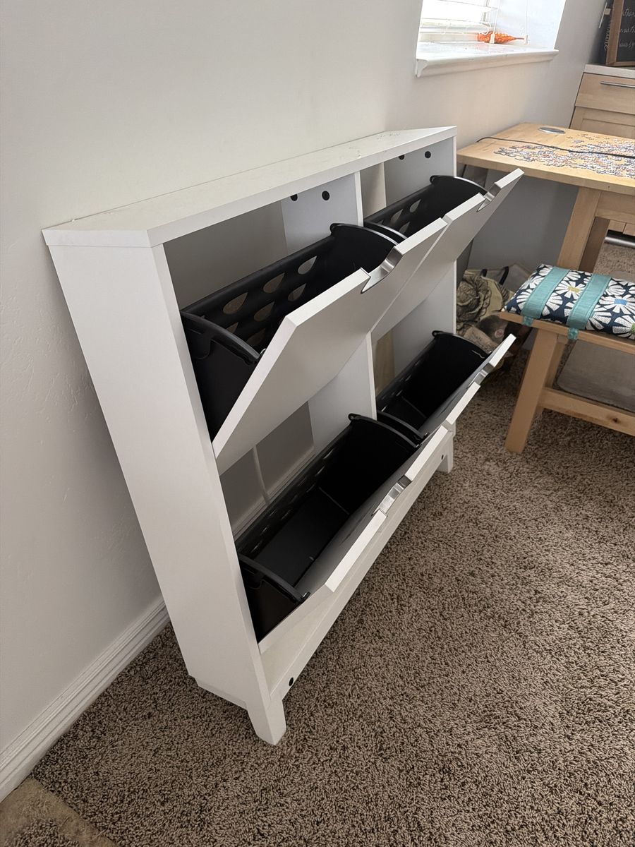 White Wood Tilt-Out Shoe Cabinet with 4 Bins  - Space Saving Storage