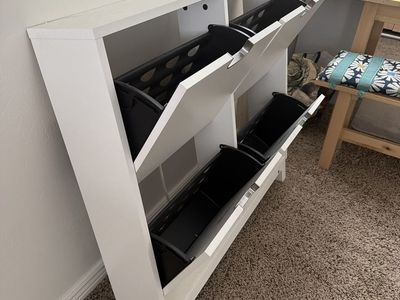 White Wood Tilt-Out Shoe Cabinet with 4 Bins - Space Saving Storage
