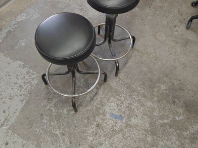 Pair of Adjustable Height Black Swivel Bar Stools - Industrial Style with Footrest