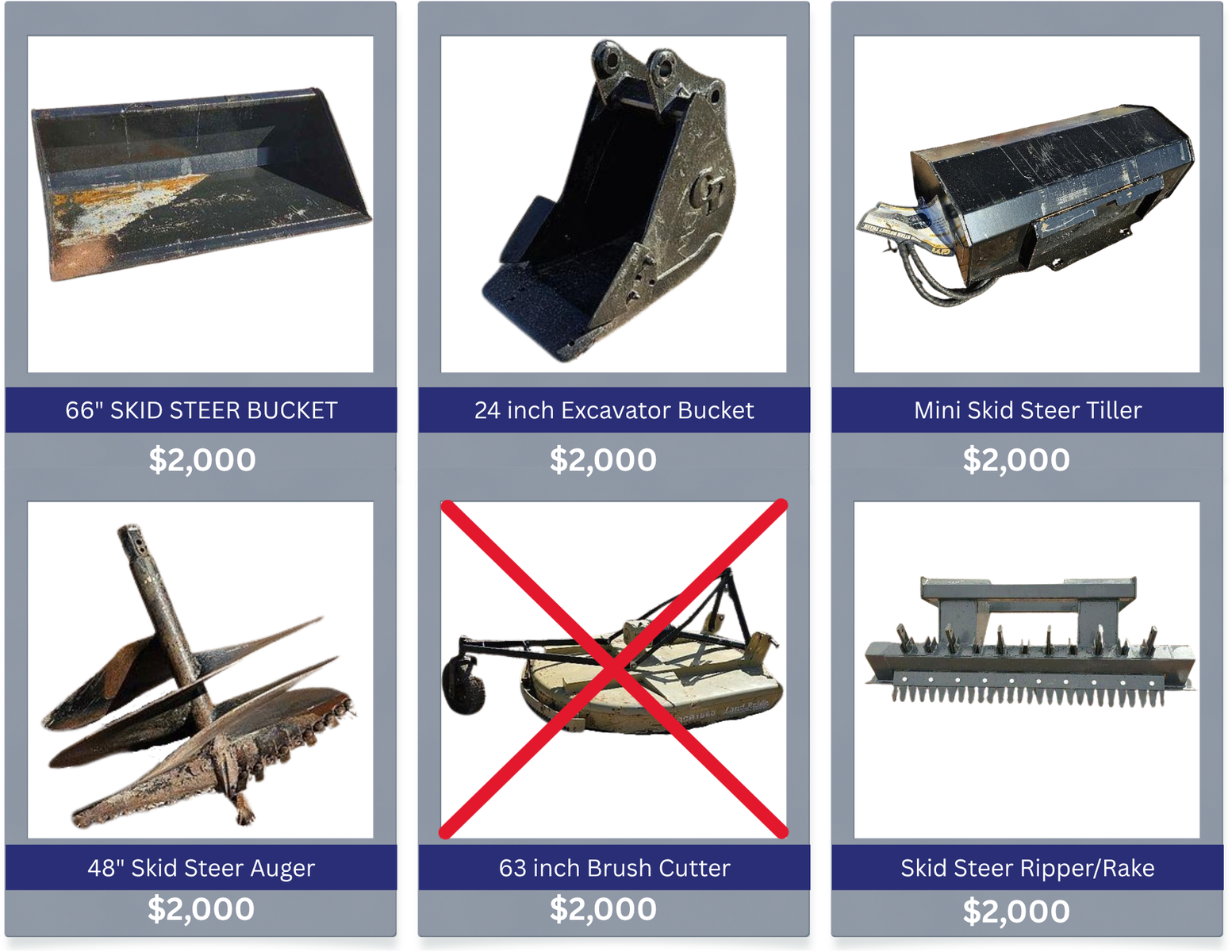 Excavator, Skid Steer, and Tractor Attachments-Bucket, Auger, Tiller, Ripper/Rake, Mini