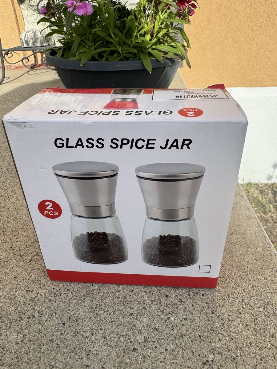 Glass Spice Jars - 2 Piece Set, Salt and Pepper Grinders, Refillable, Stainless Steel & Glass