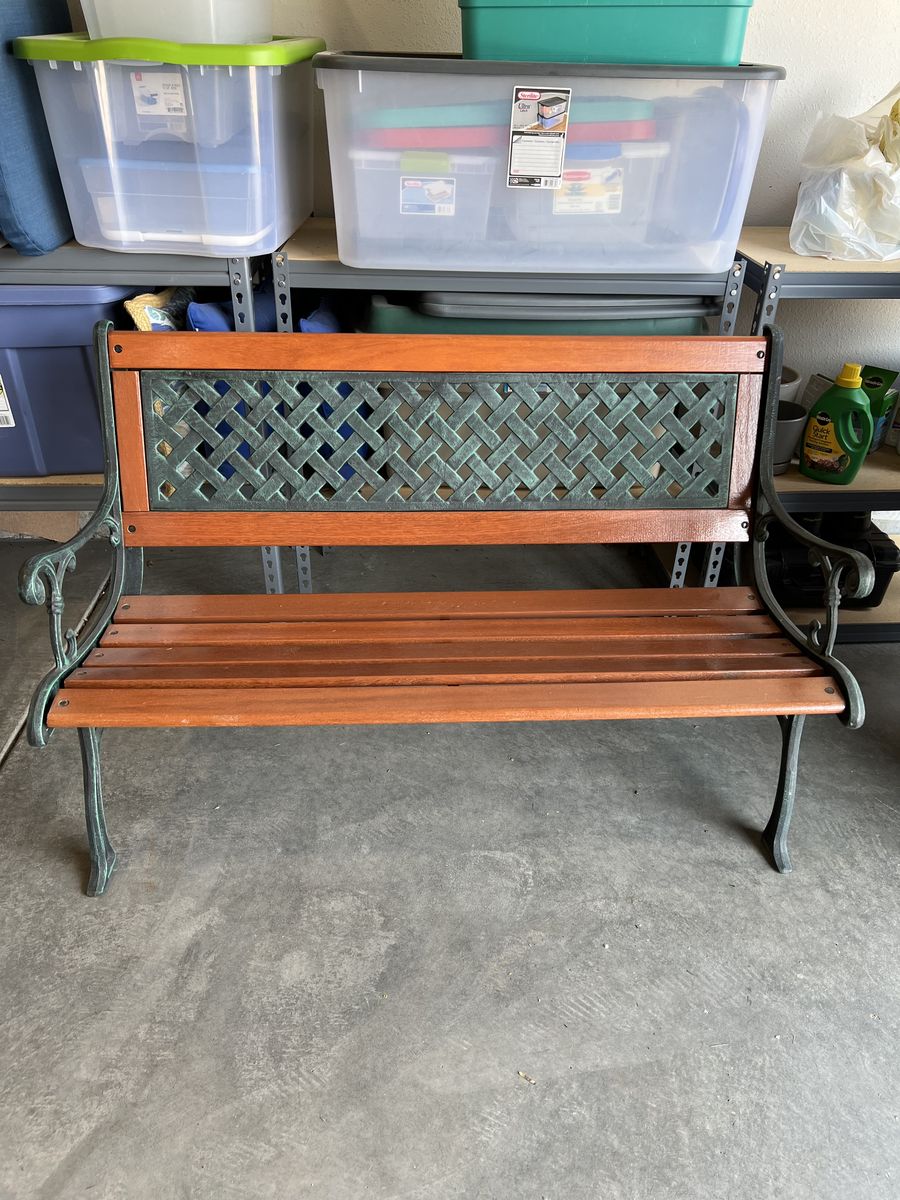 Outdoor Garden Park Bench with Cast Iron Frame, Wood Slats & Protective Cover