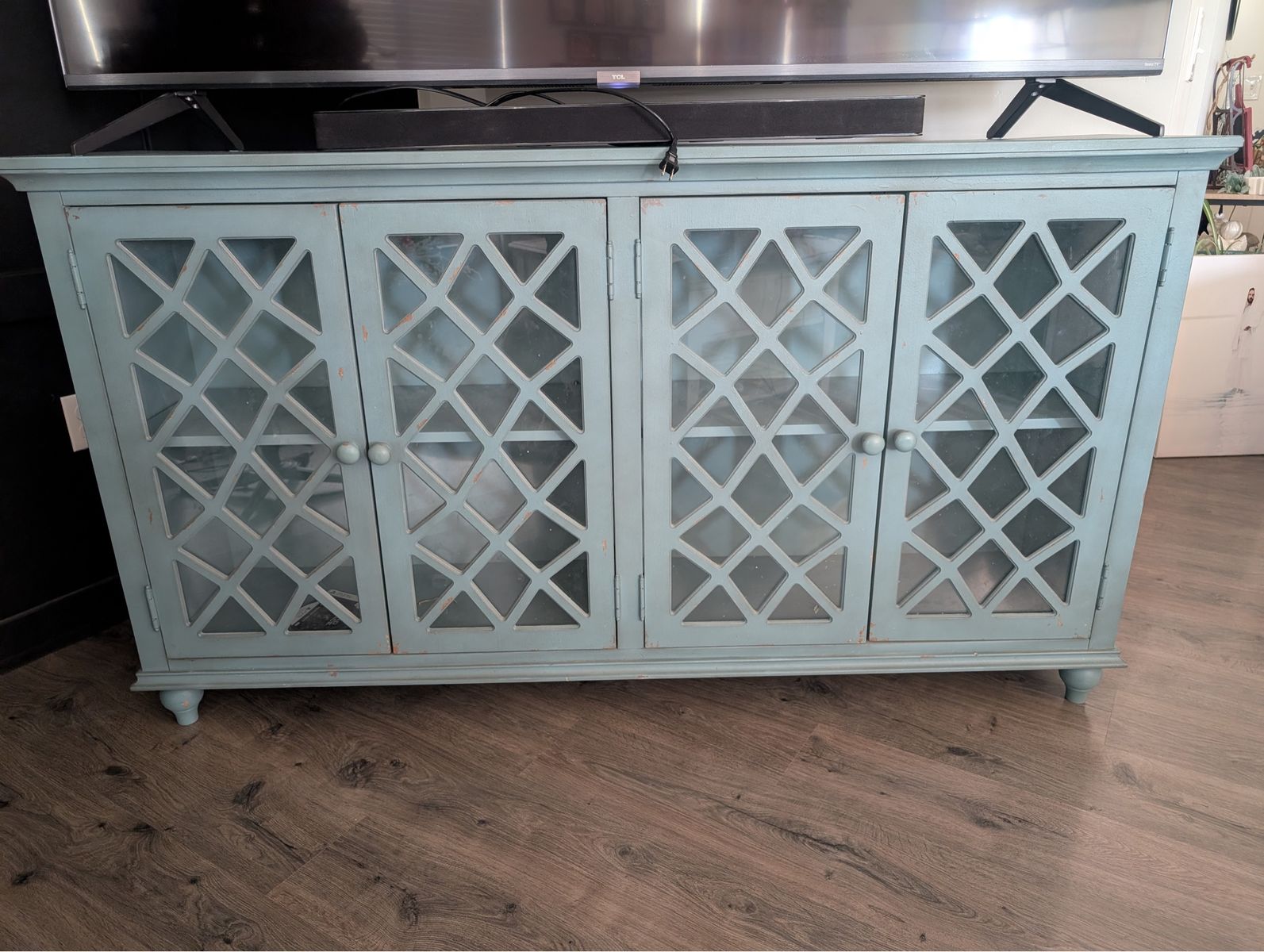 Rustic Teal Blue 4-Door Glass Media Console TV Stand Cabinet