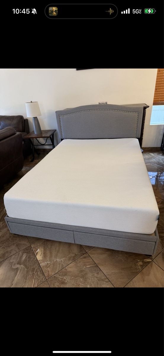 Gray Upholstered Storage Bed with Tufted Headboard and Mattress clean  $200