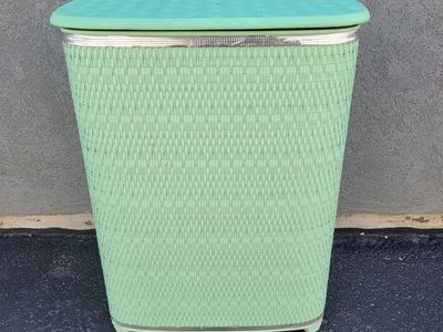 Vintage Mint Green Wicker Look Hamper Storage Bin
