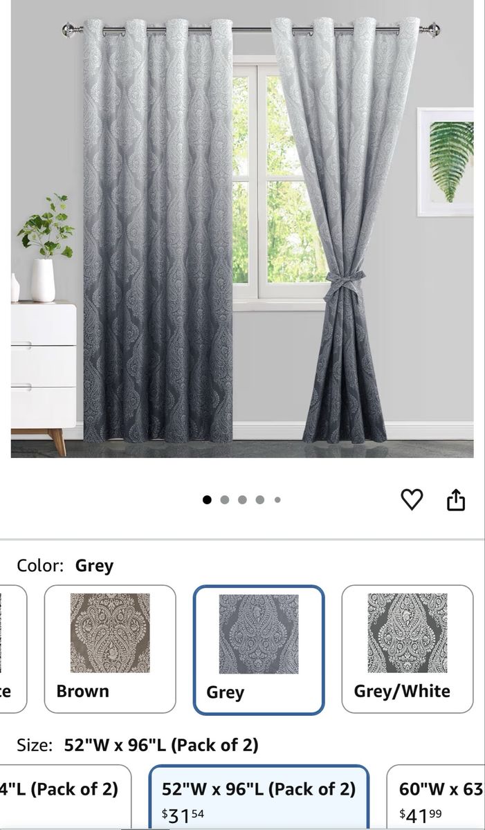 Grey Ombre Paisley Room Darkening Curtains, 52"W x 96"L (Pack of 2)