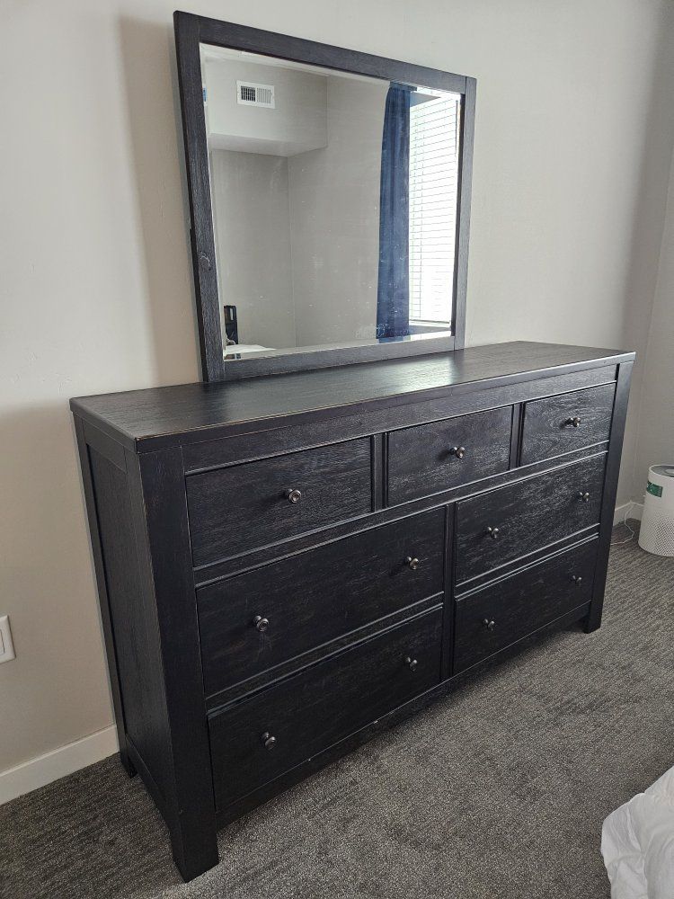 Moving my loss your gain!
Millennium by Ashley 7-Drawer Dresser with Beveled Mirror, Matching End Table  - Black Distressed Wood