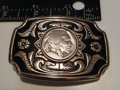 Buffalo Nickel Indian Head Belt Buckle Gold and Black Metal