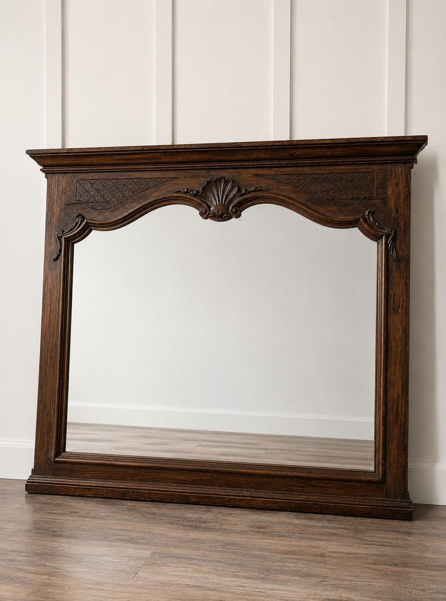 Antique Mirror from Belgium
Ornate Dark Wood Framed Mirror - Large Decorative Shell Carving, French Provincial Style