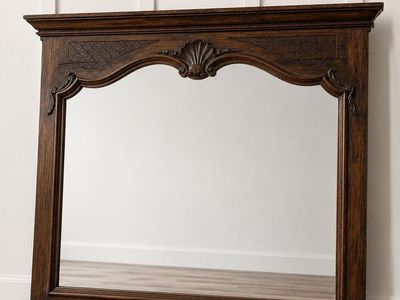 Antique Mirror from Belgium
Ornate Dark Wood Framed Mirror - Large Decorative Shell Carving, French Provincial Style