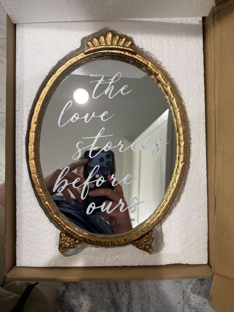 Ornate Gold Oval Mirror with "The Love Stories Before Ours" Wedding/Event Decor