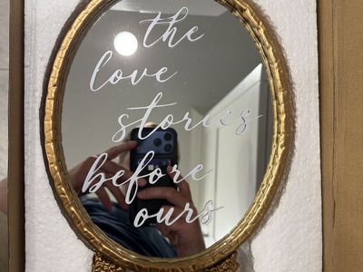 Ornate Gold Oval Mirror with "The Love Stories Before Ours" Wedding/Event Decor