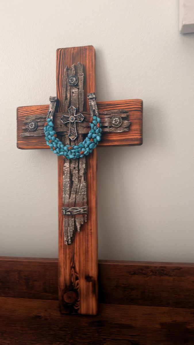 Rustic Wooden Wall Cross with Horseshoe and Turquoise Accent