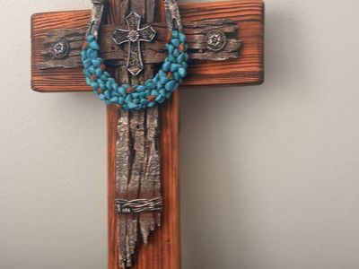 Rustic Wooden Wall Cross with Horseshoe and Turquoise Accent