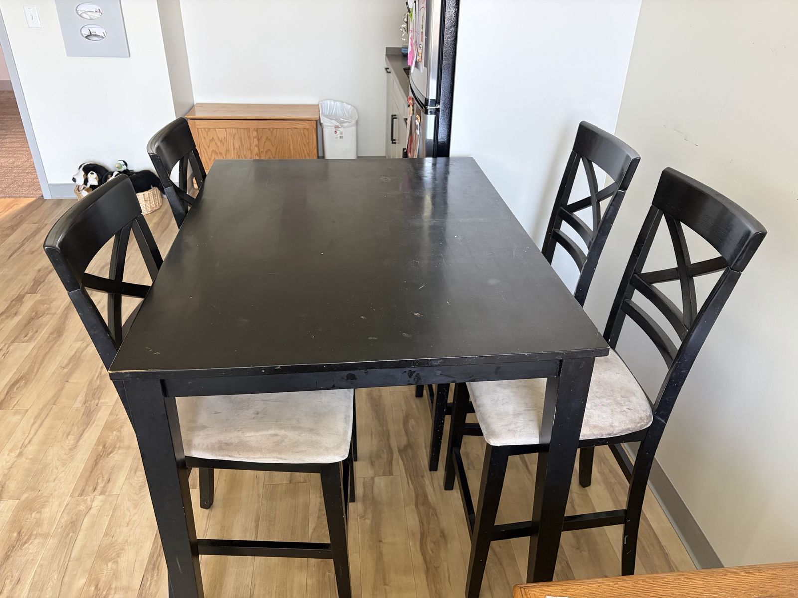 Black Wooden Counter-Height Dining Table Set with 4 Upholstered X-Back Chairs