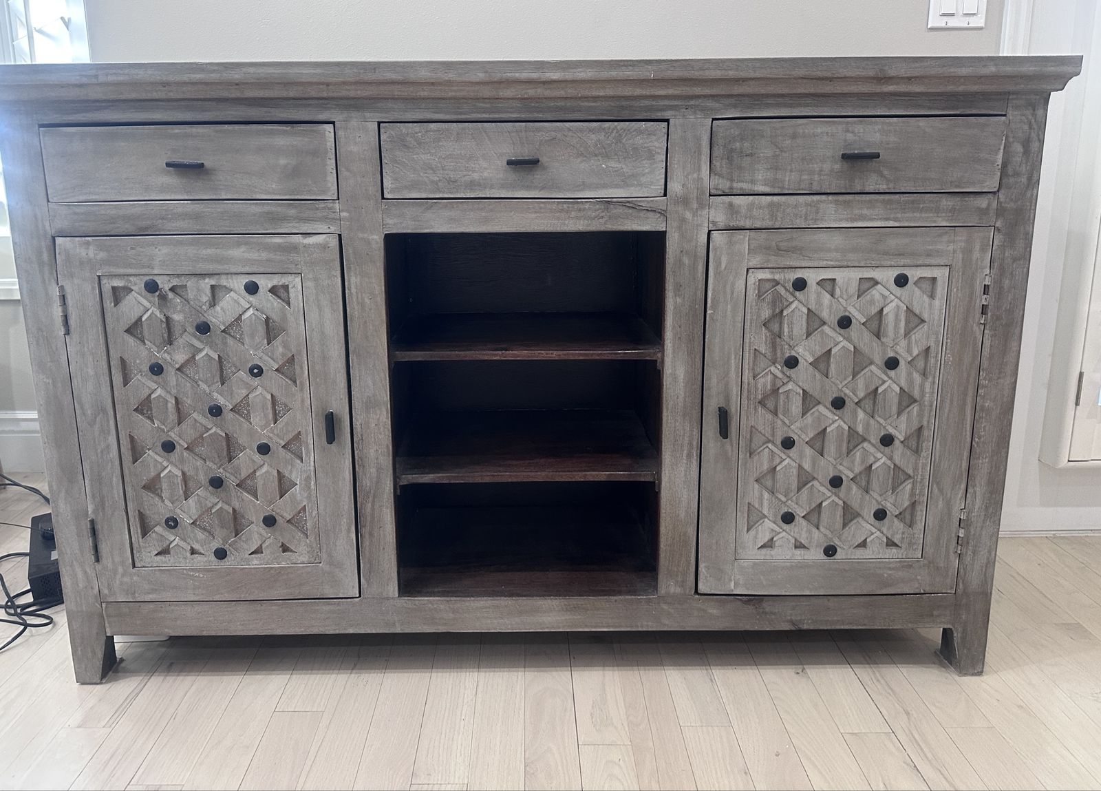 Rustic Gray Wooden Credenza Buffet with Carved Cabinet Doors and Drawers