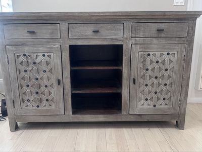 Rustic Gray Wooden Credenza Buffet with Carved Cabinet Doors and Drawers
