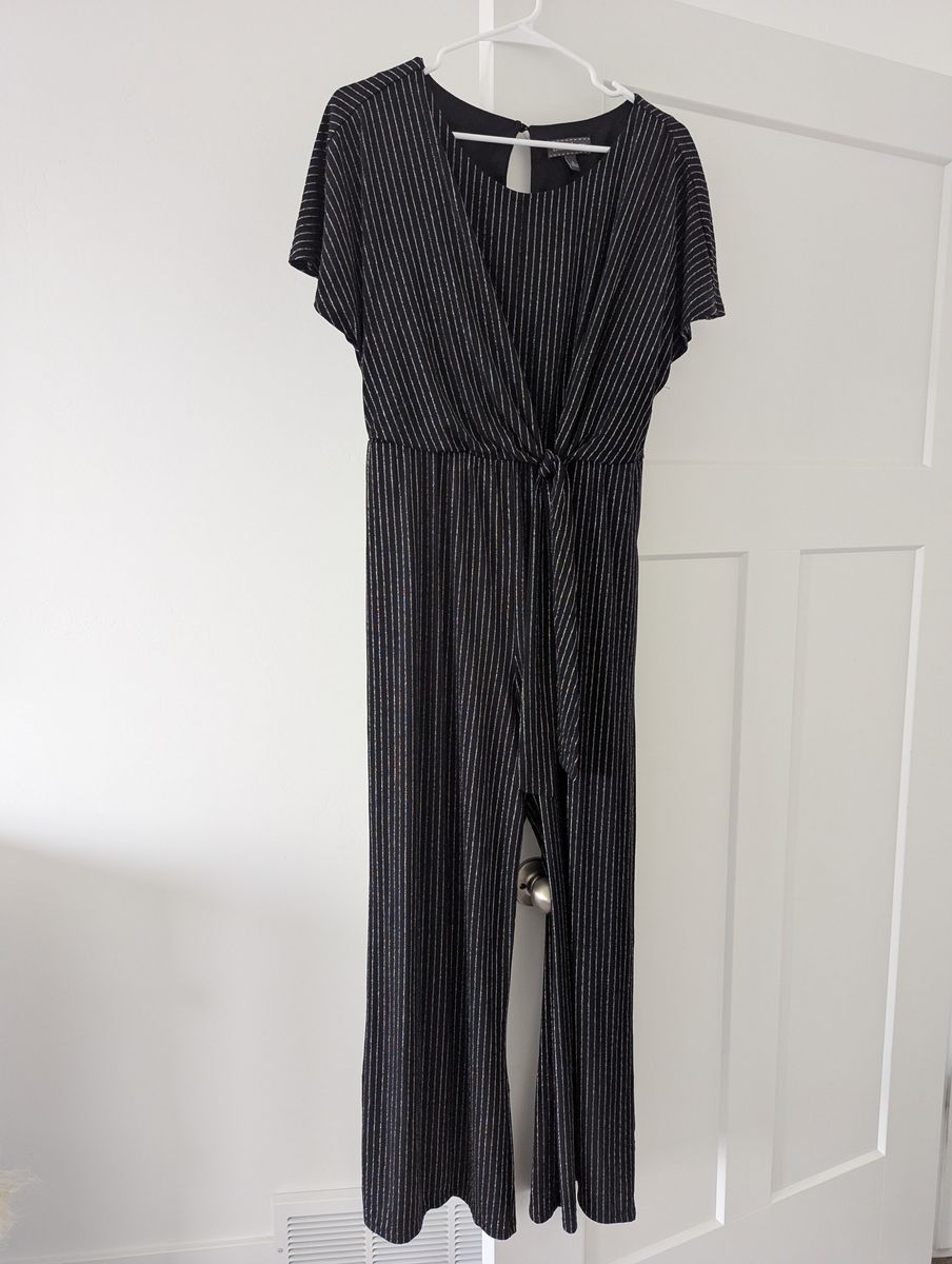 Dressy Floor Length Black with Silver Pinstripes Jumpsuit/Romper, size S