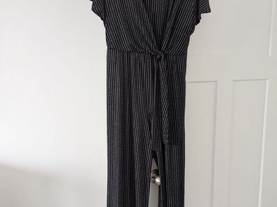 Dressy Floor Length Black with Silver Pinstripes Jumpsuit/Romper, size S