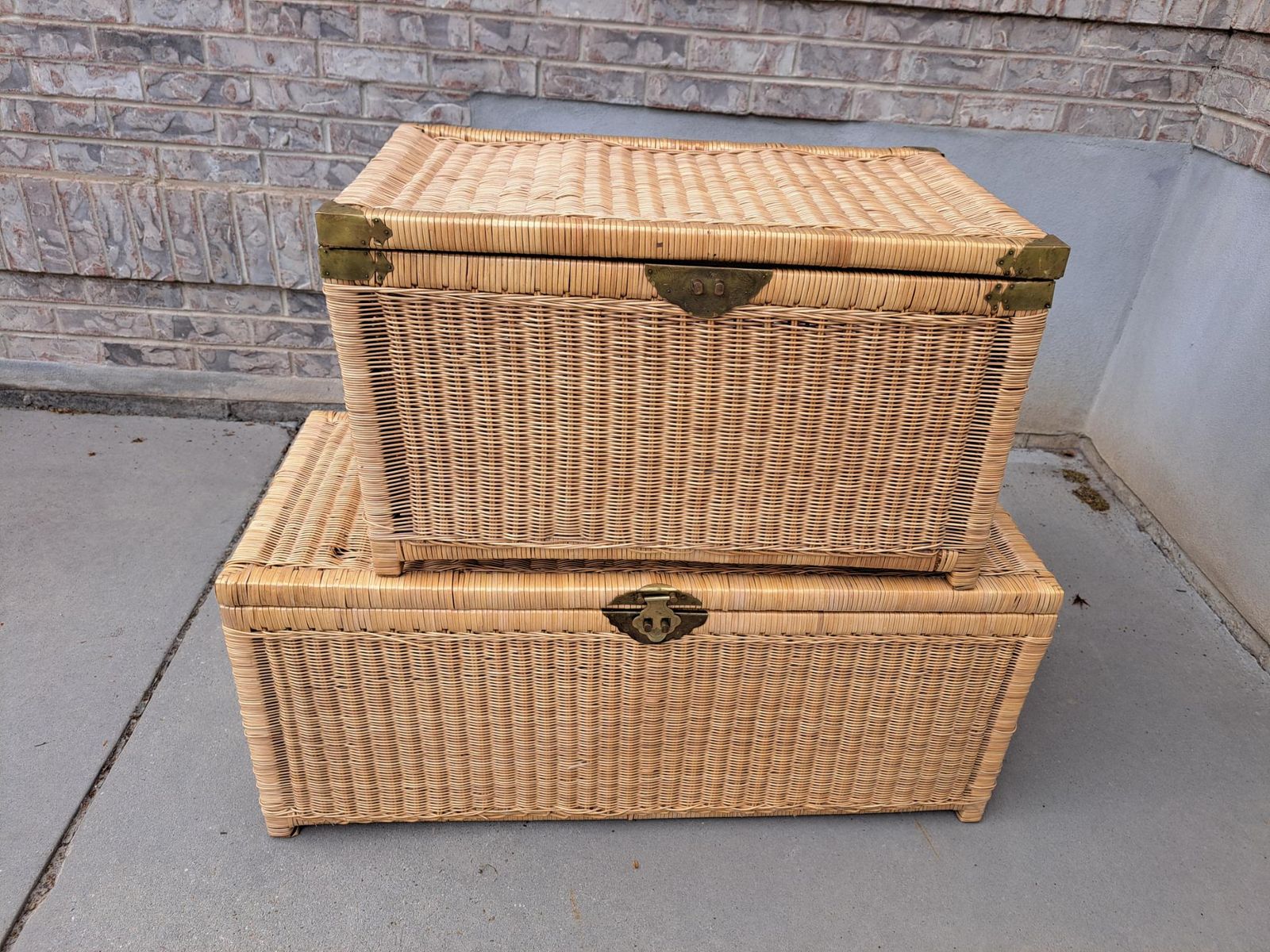 Pair of Vintage Wicker Chests w/ Brass Hardware/Handles & Latches