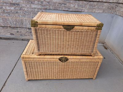 Pair of Vintage Wicker Chests w/ Brass Hardware/Handles & Latches