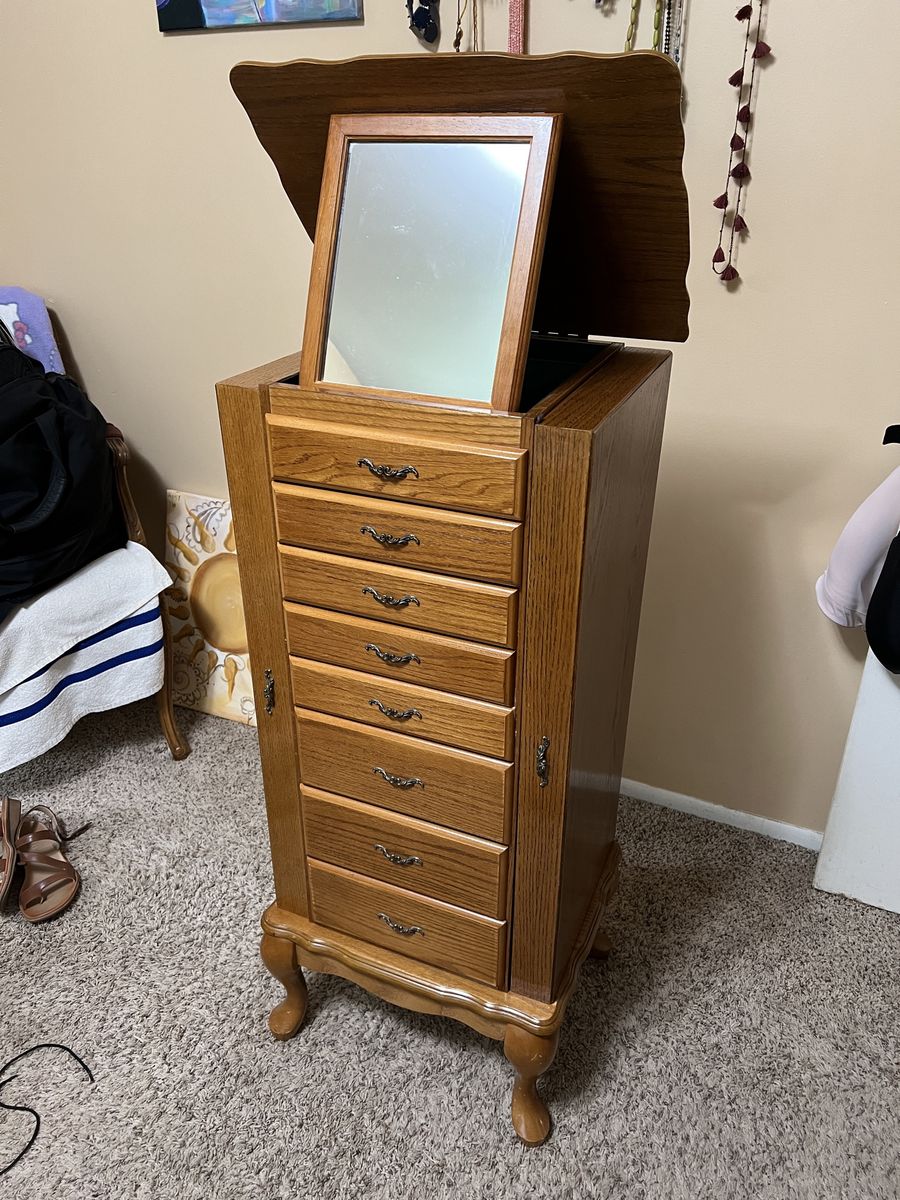 Oak Standing Jewelry Armoire – L.Powell Co- Excellent Condition