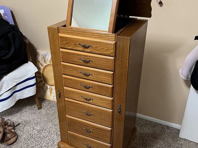 Oak Standing Jewelry Armoire – L.Powell Co- Excellent Condition