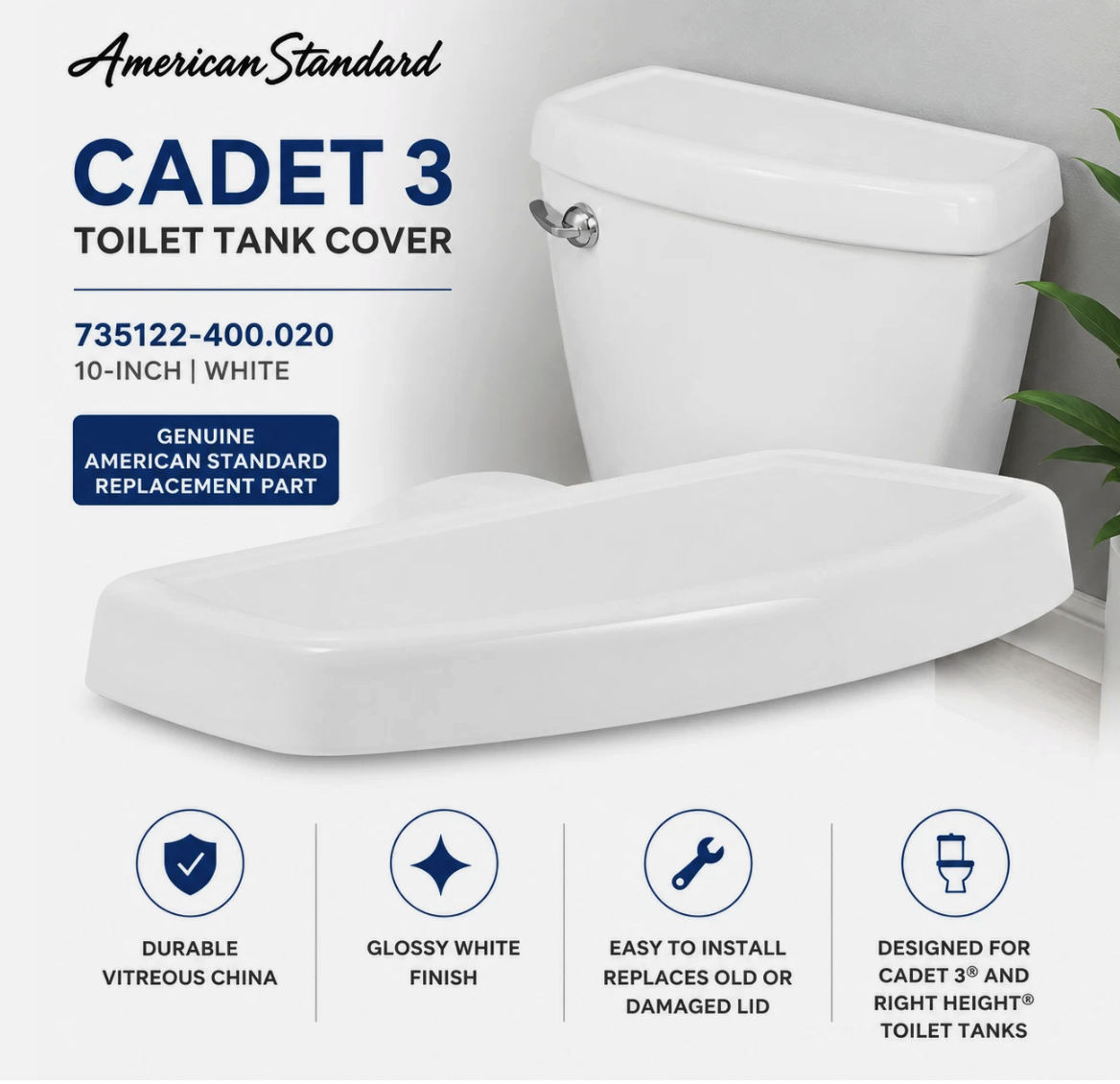 American Standard 735122-400.020 Cadet 3 Toilet Tank Lid Cover White OEM
