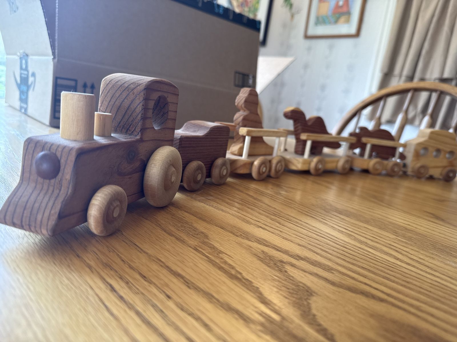 Handmade Wooden Toy Train Set with Dinosaur & Cars - Classic Wood Craft Collectible